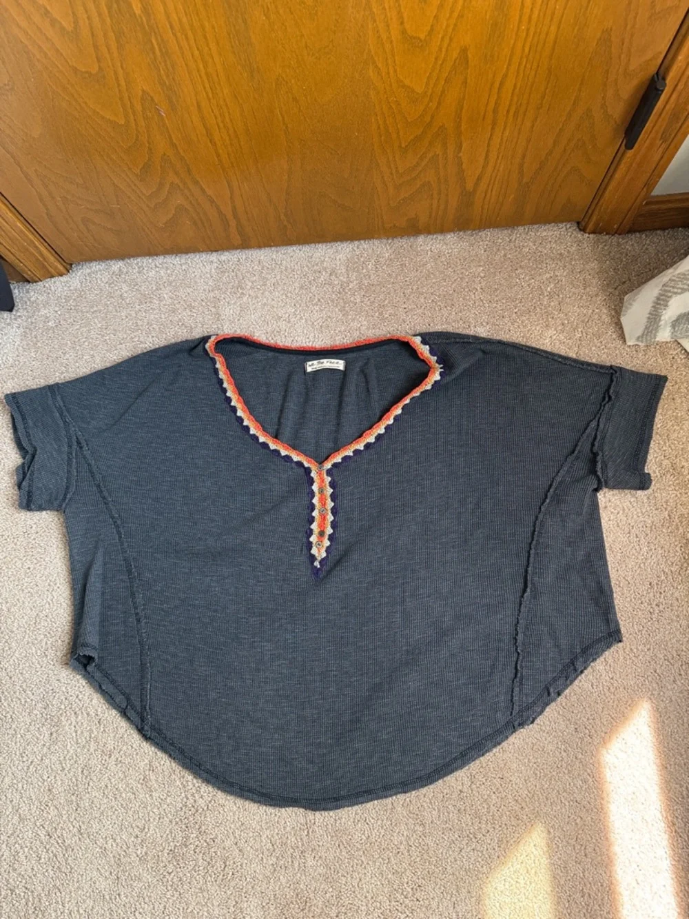 Free People We The Free Gray Batwing Oversized Crochet Waffle Knit Top - Picture 2 of 8